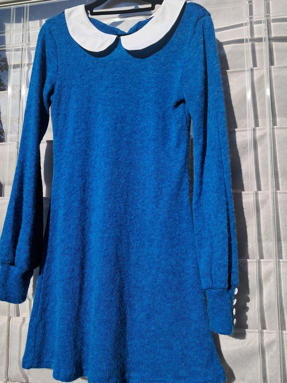 Allegra K Royal Blue Long-Sleeve Scoop Dress with White Peter Pan Collar